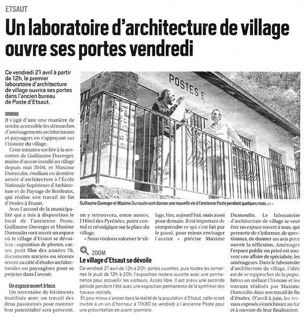 2017. « Laboratoire d'architecture de village » - 7. Expérience rapportée dans la presse locale - « La République des Pyrénées » - Etsaut (64) - avec Guillaume Duverger.jpg